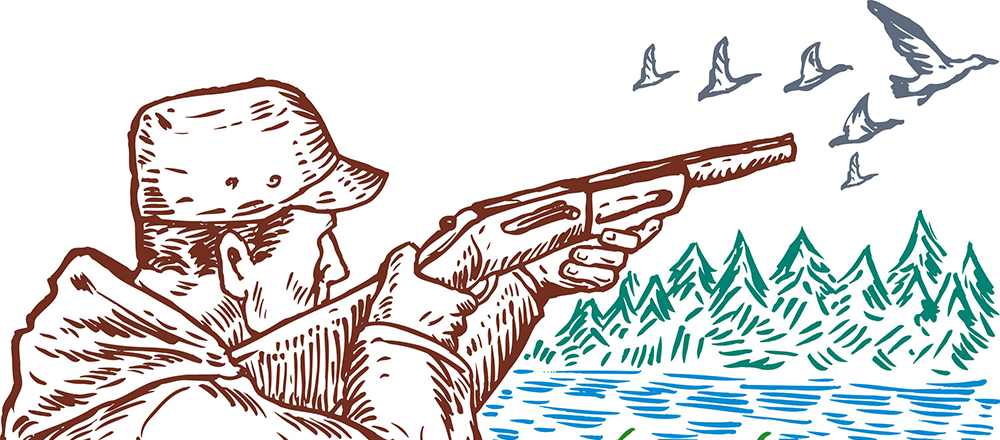 firearms safety - sketch of hunter aiming shotgun at birds